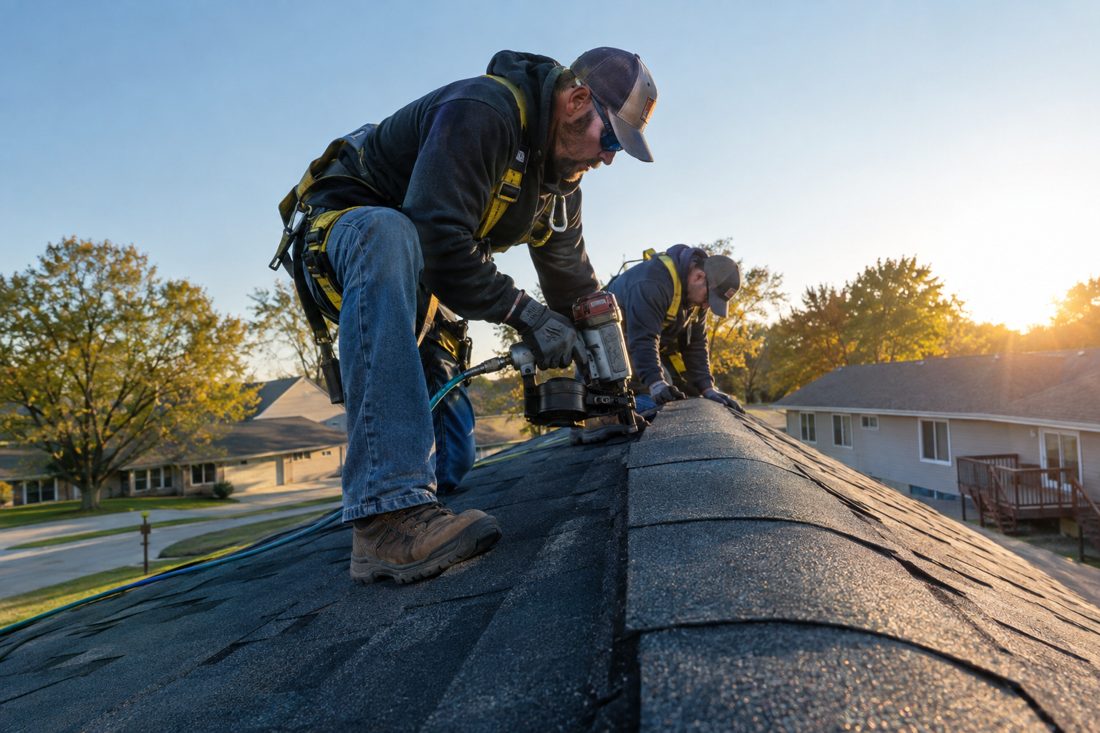 A crew finishing a ridge cap line at sunset at a suburban Iowa split-level with oak trees in Hiawatha, IA