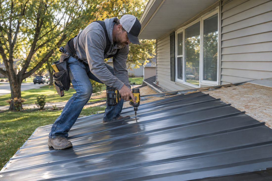 New metal roof panels being screwed down on a porch roof at a suburban Iowa split-level with oak trees in Hiawatha, IA