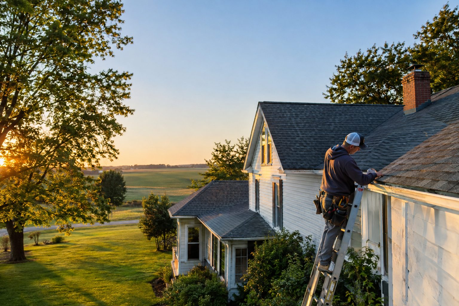 A roofing contractor inspects shingle edges from a ladder beside an older Alburnett farmhouse on a clear day in Alburnett, IA
